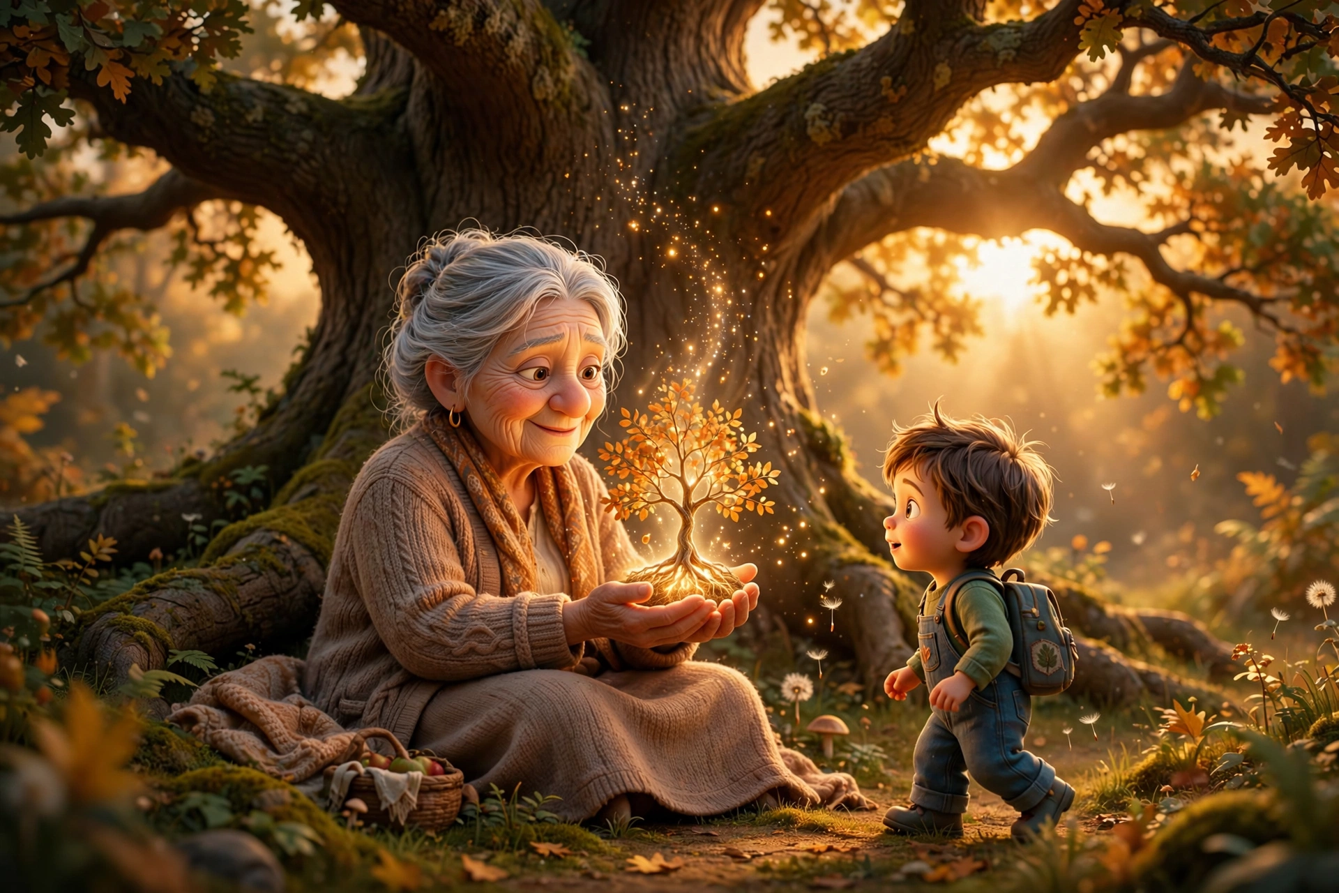 Grand-mère offrant l’arbre lumineux